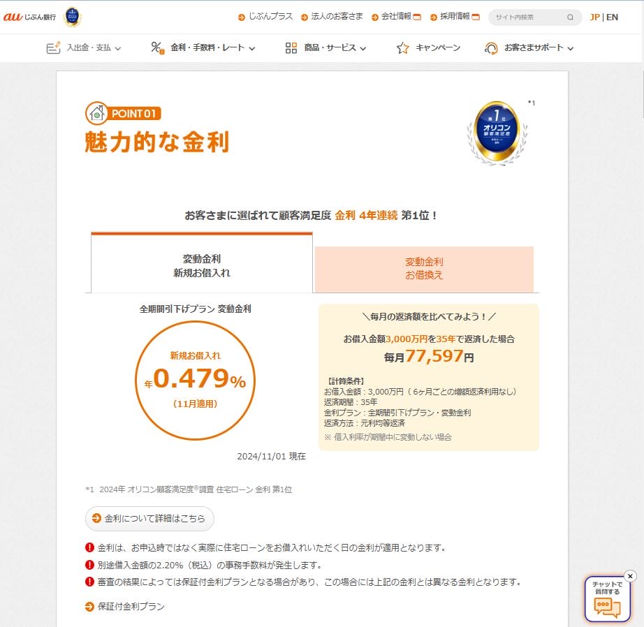 2024年11月のauじぶん銀行の住宅ローン