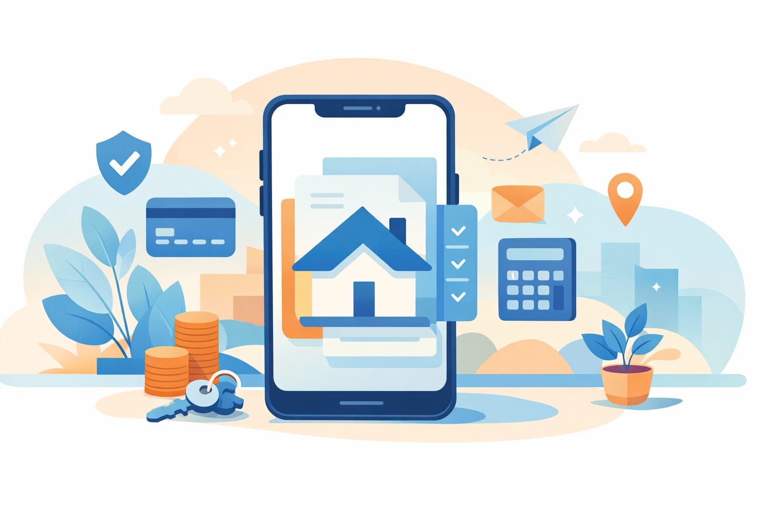 スマホで完結する住宅ローン手続きをイメージしたイラスト