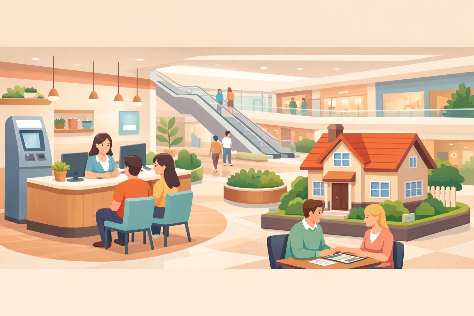 店舗で住宅ローンを相談するイメージのイラスト
