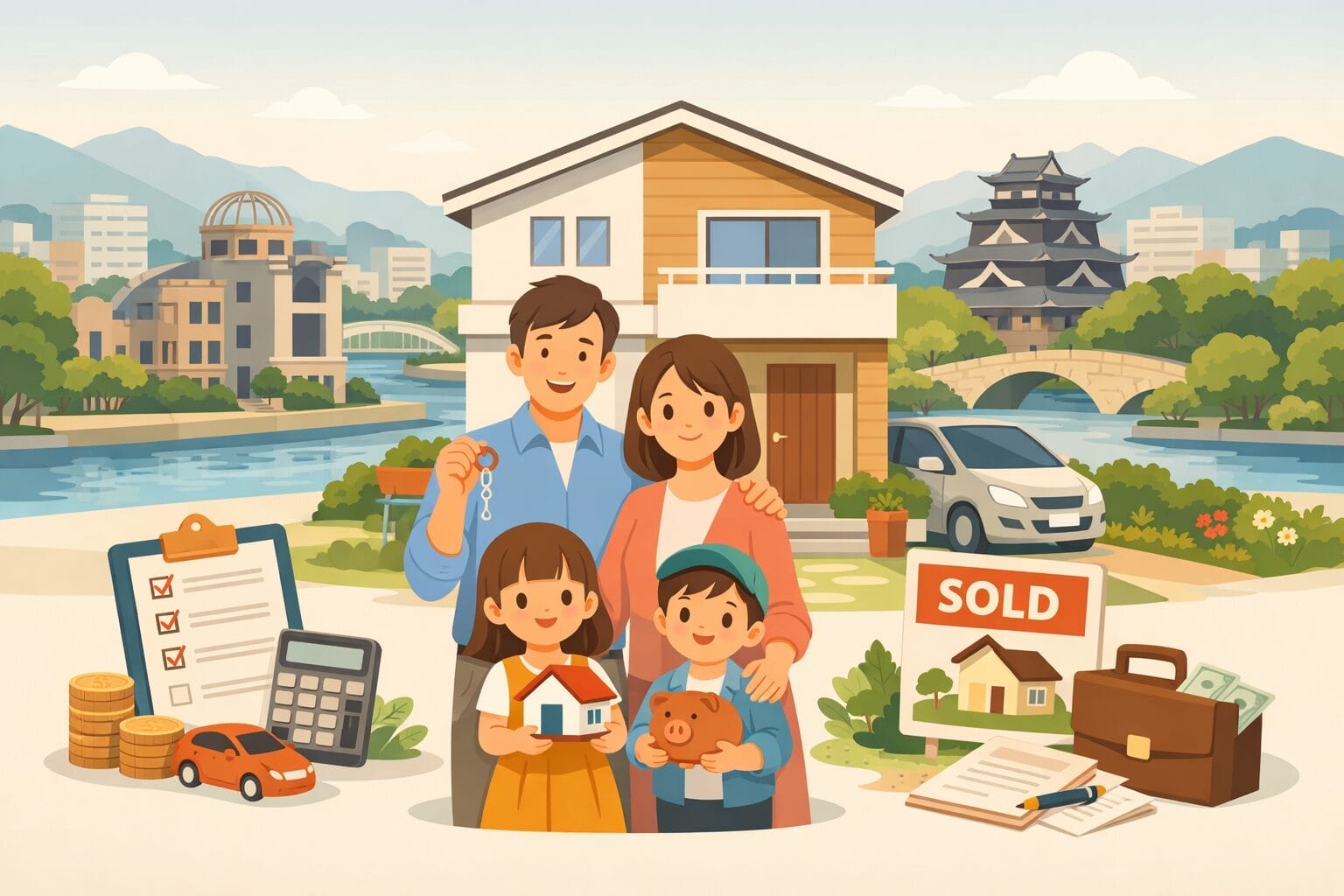 広島県でフラット35を使ってマイホームを購入する家族のイメージ