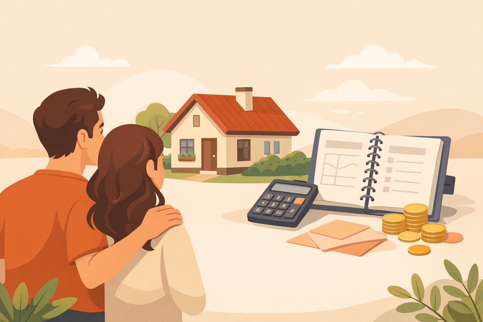 年収を確認しながら住宅ローンを検討する若い夫婦のイメージ