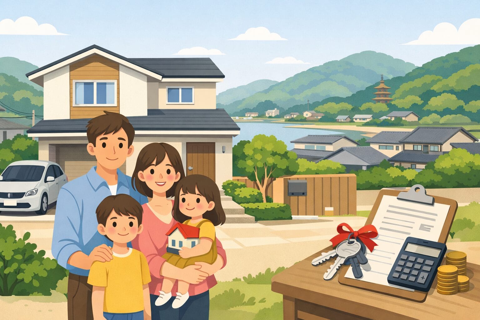 岡山県でフラット35による住宅購入を検討する家族のイメージ