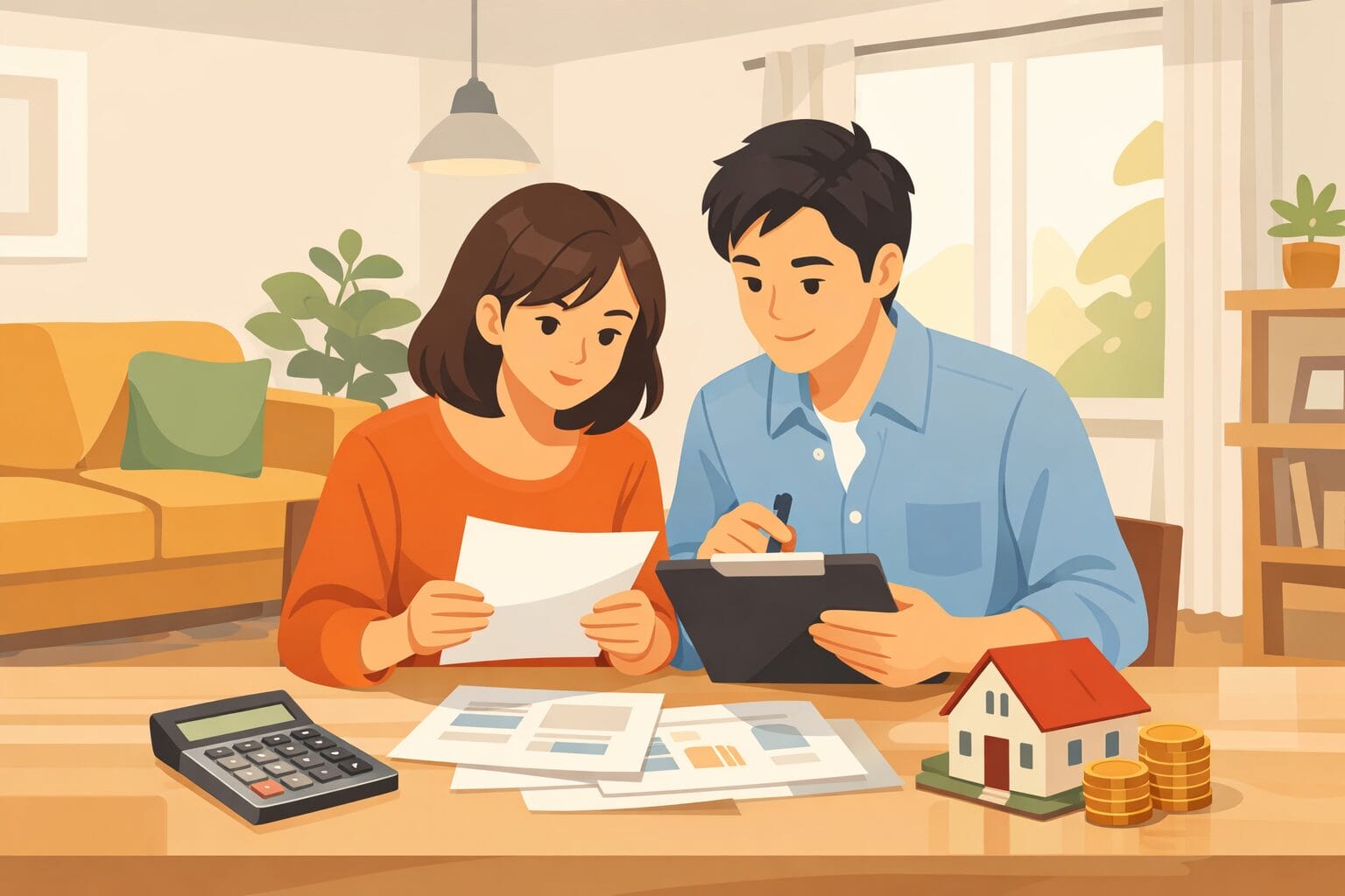 住宅ローンの借り換えを検討して家計を見直す夫婦のイメージ