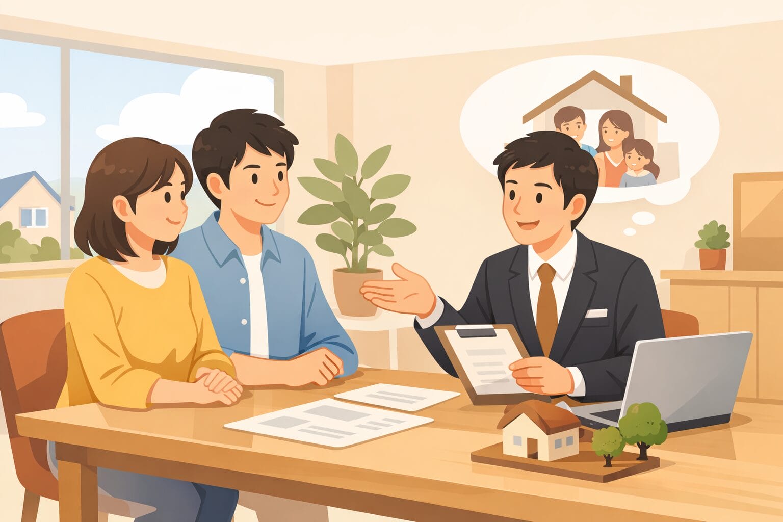 店舗で住宅ローンの相談をする夫婦とアドバイザーのイメージ