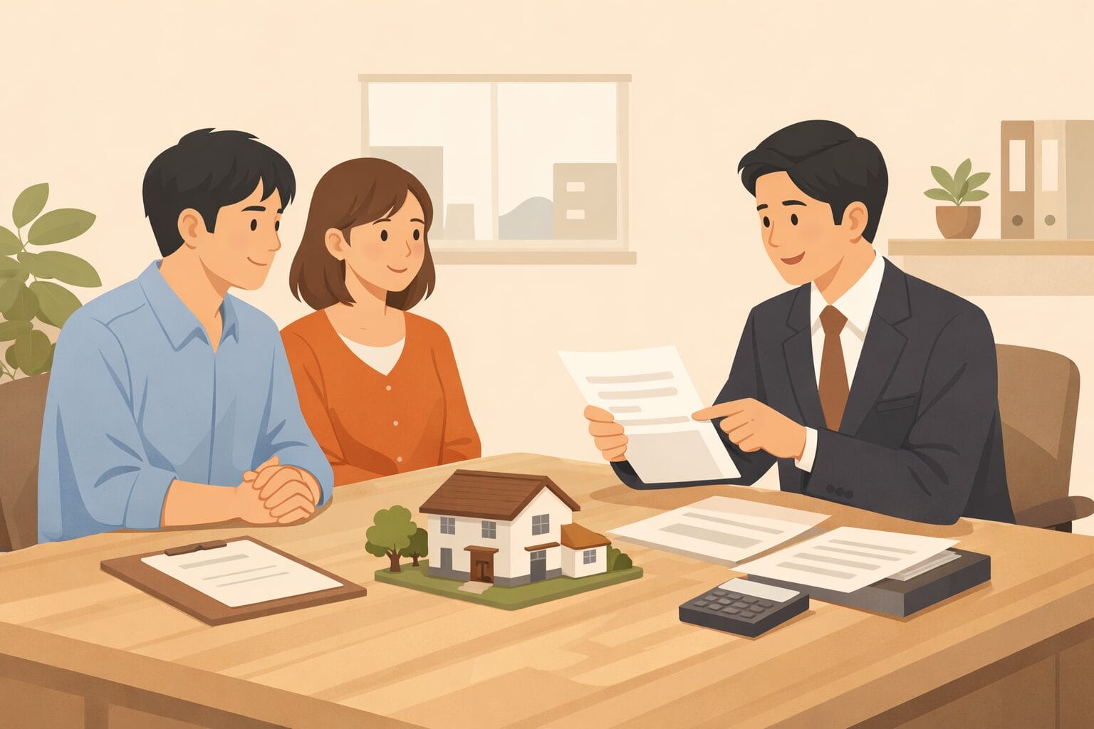 住宅ローンの審査について銀行の担当者と相談する夫婦のイメージ