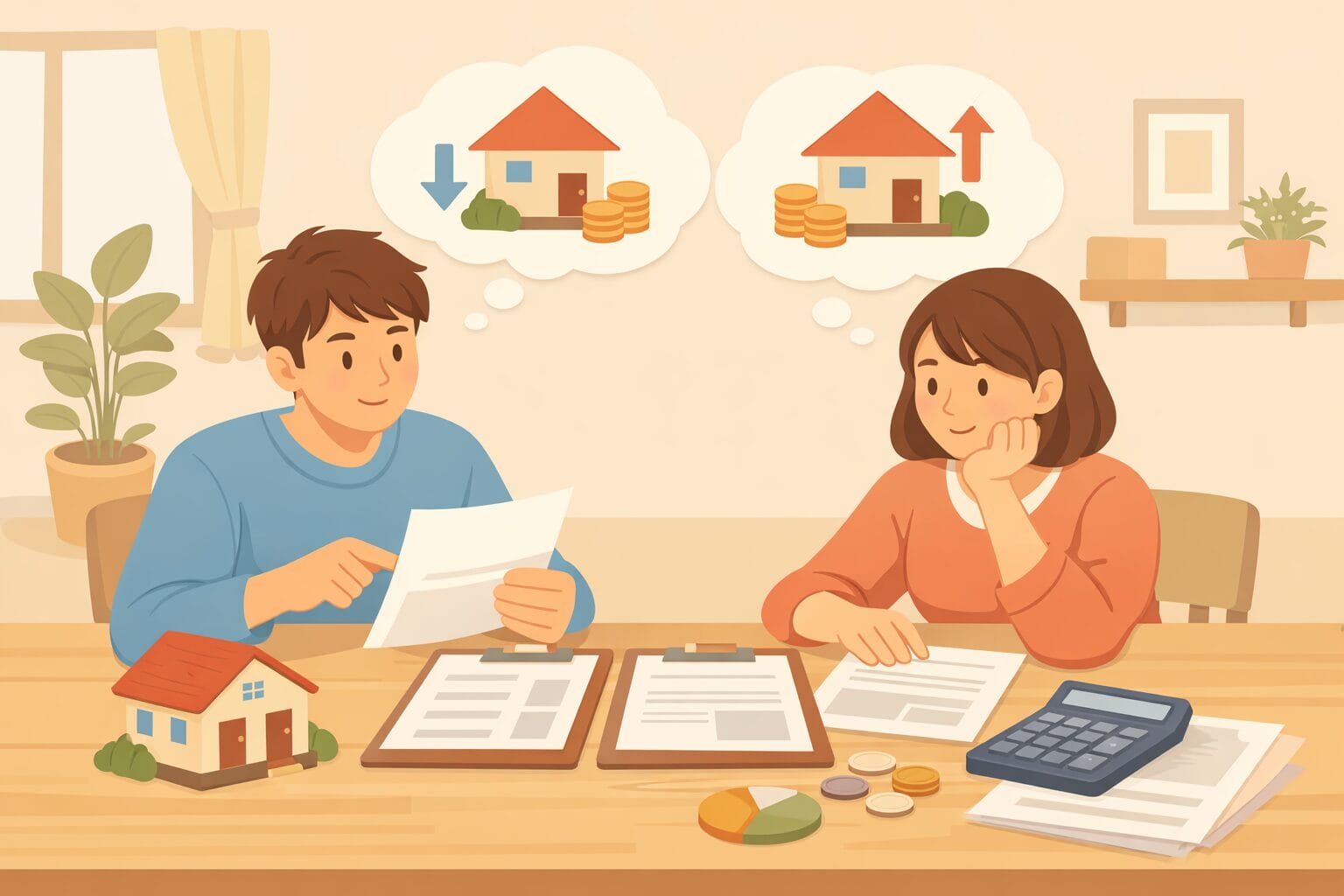 住宅ローンの借り換えと返済期間の調整を検討するイメージ