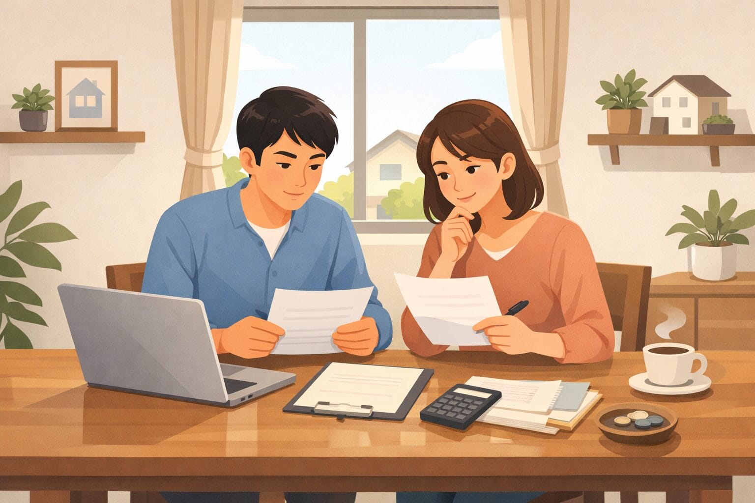 住宅ローンの審査基準や条件を自宅で確認する夫婦のイメージ