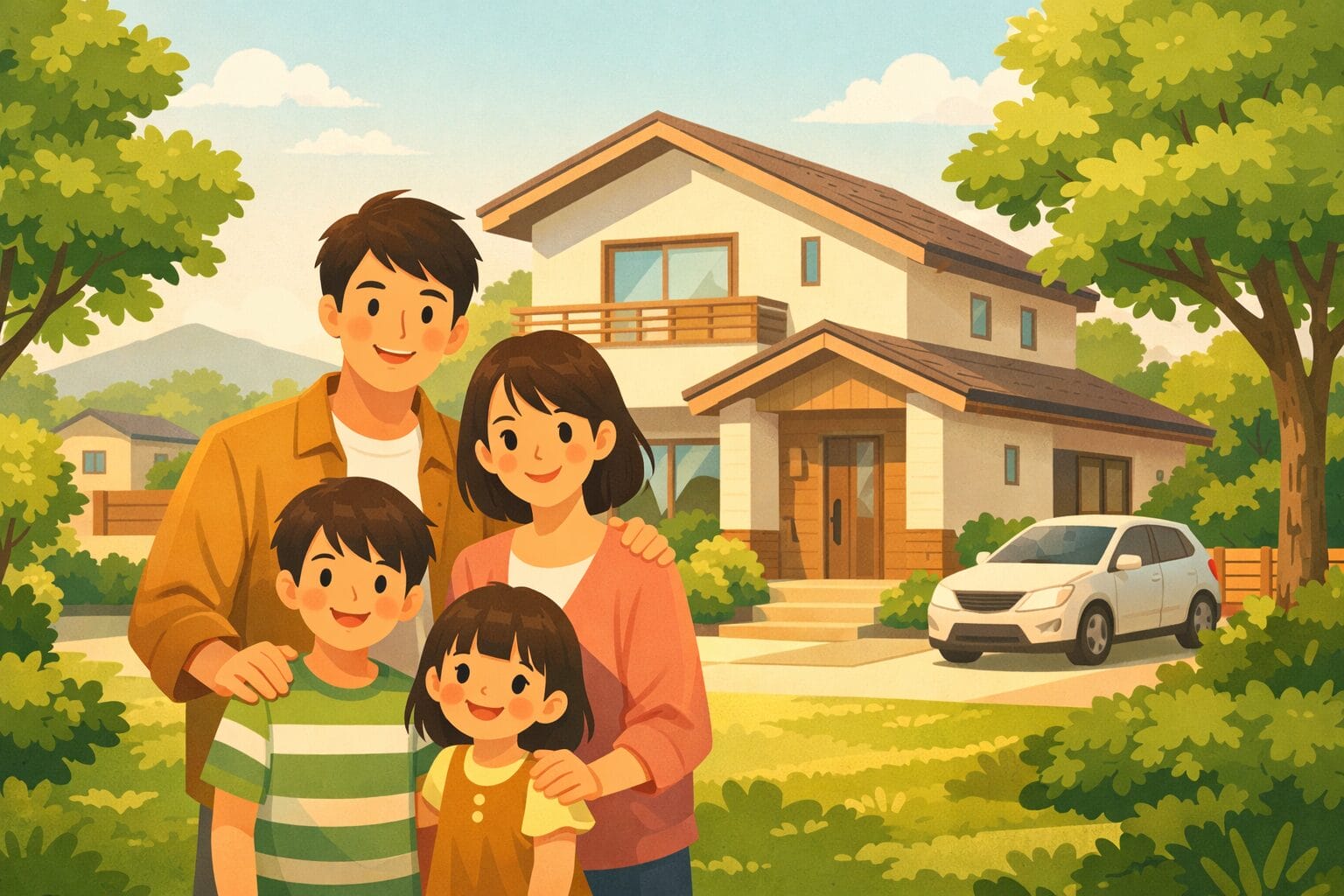 新しい住まいと家族の安心をイメージしたイラスト
