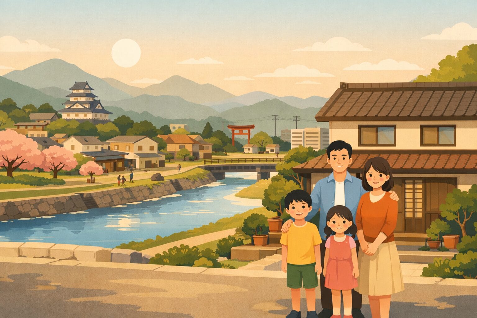 地域に根ざした住まいと家族をイメージしたイラスト