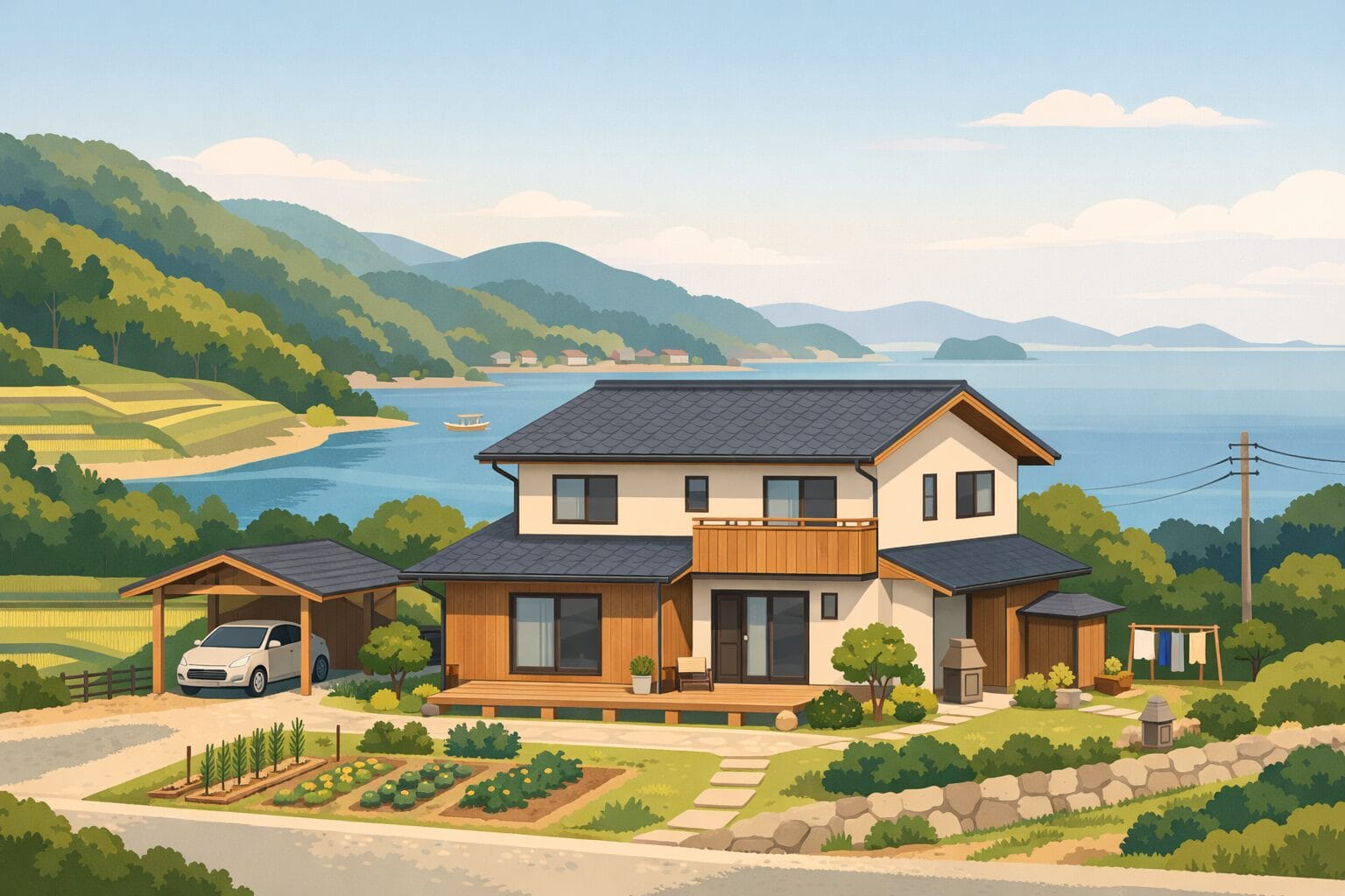 島根県の街並みと住宅を背景に長期固定金利の返済計画を考えるイメージ