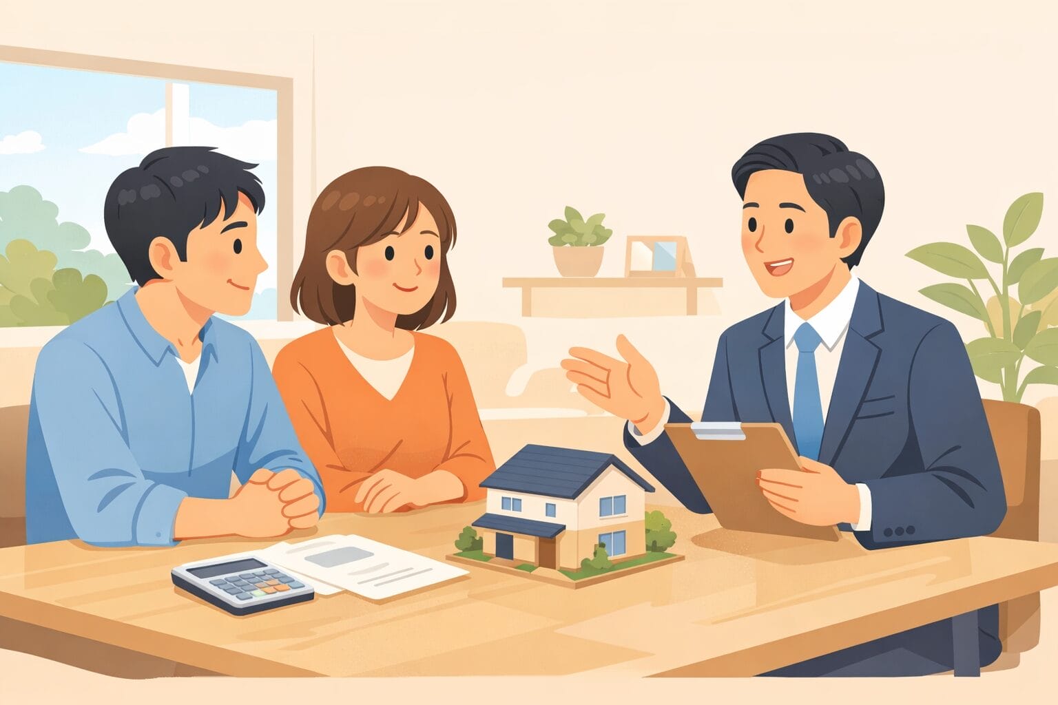 店舗で住宅ローンを対面相談する夫婦とアドバイザーのイメージ
