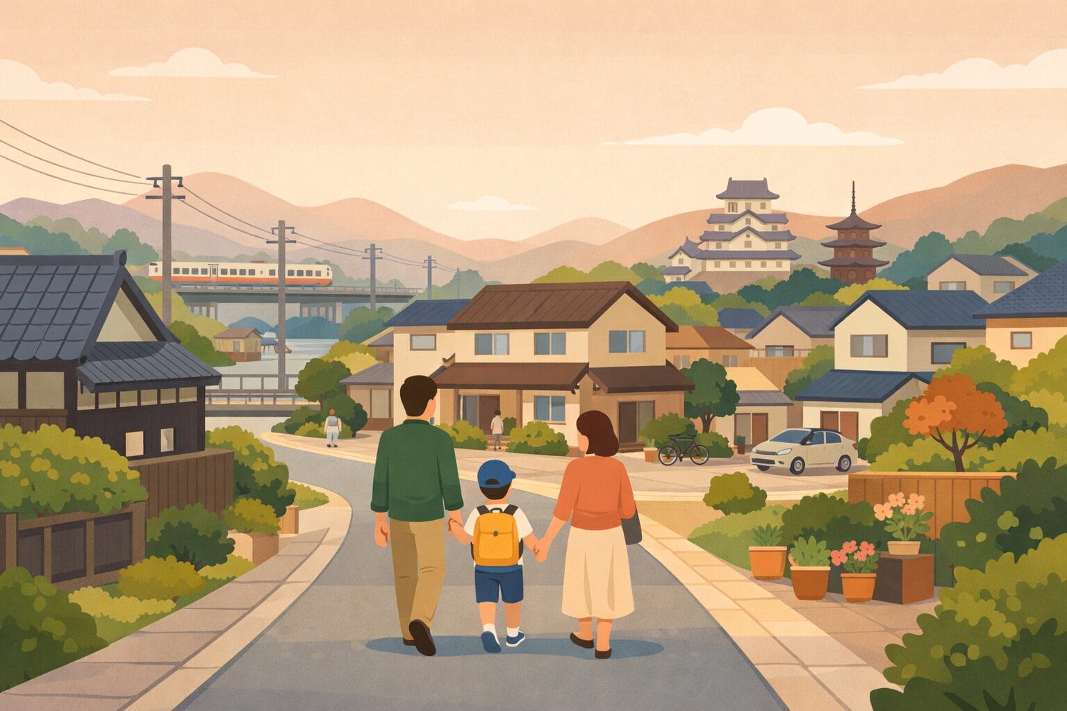地域に根ざした住まいと家族をイメージしたイラスト