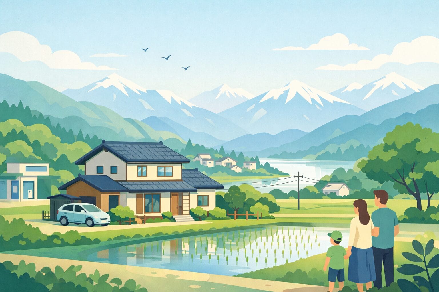 長野の山並みと住宅ローンを検討する家のイメージ
