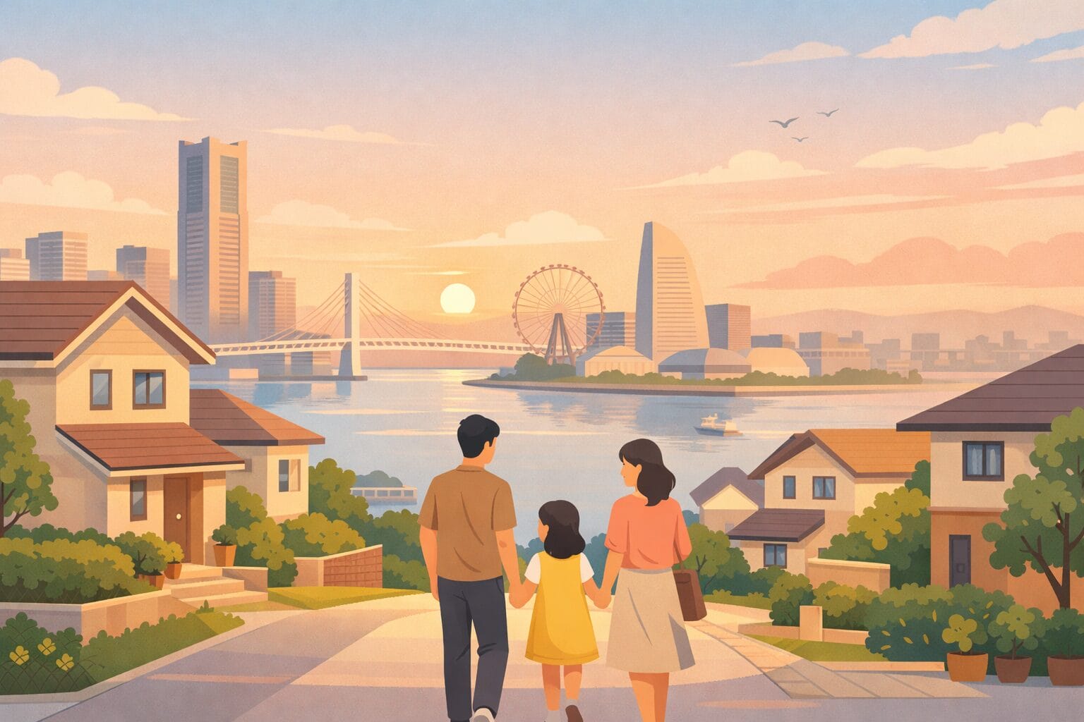 港町の街並みと住まいを検討する家族をイメージしたイラスト