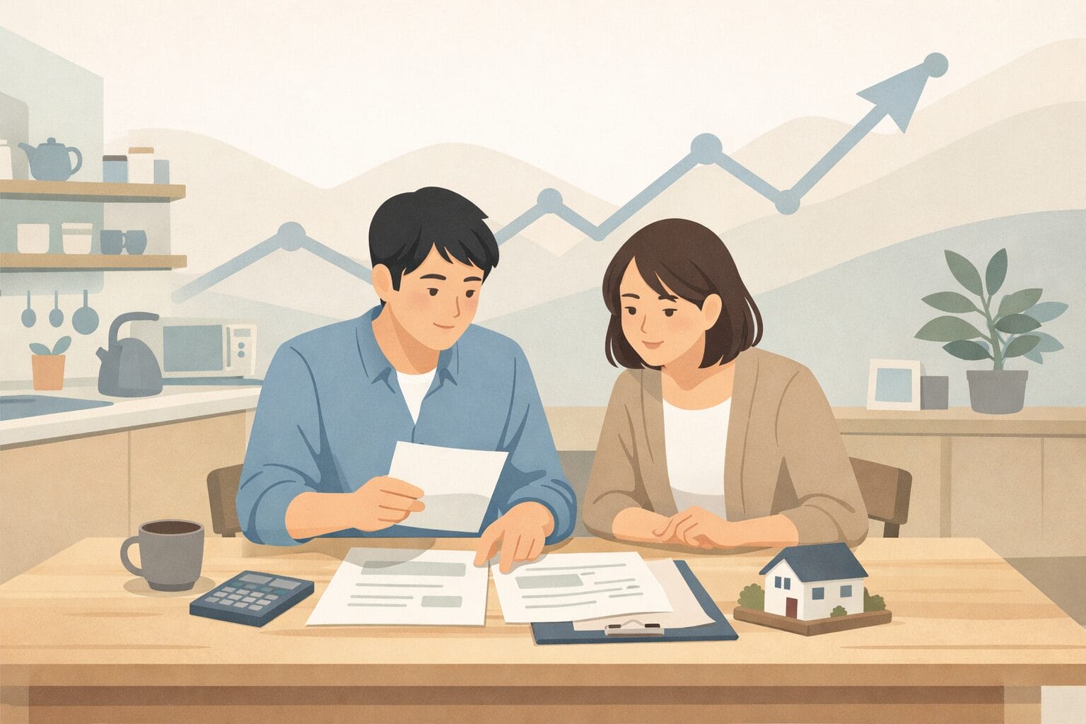 金利上昇局面で住宅ローンの変動金利のリスクを点検する家庭のイメージ
