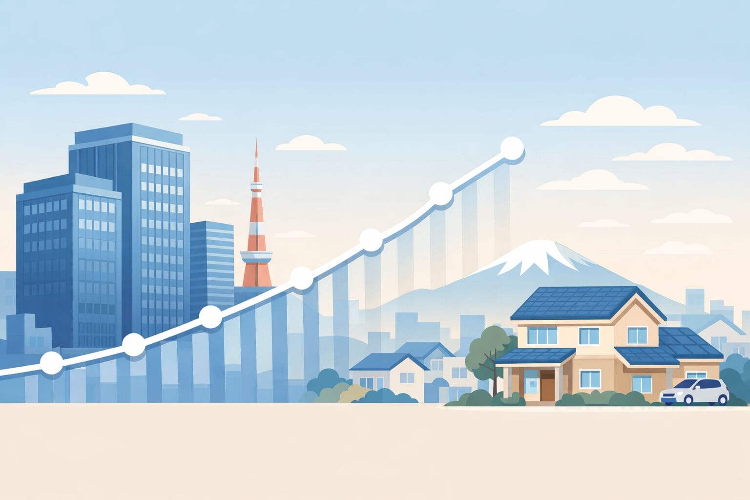 メガバンクの住宅ローン金利をイメージした街と住宅のイラスト
