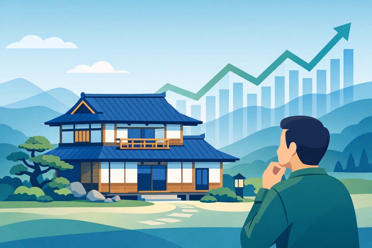 住宅ローン金利の動向をイメージした住宅とグラフのイラスト