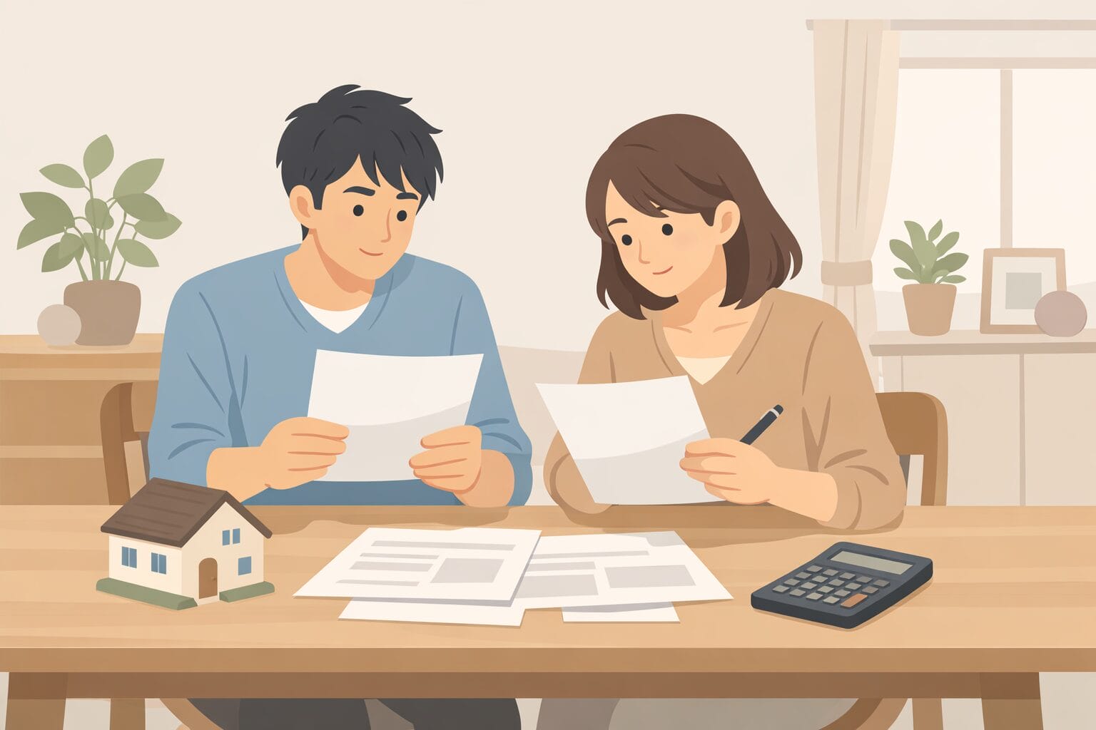 住宅ローンの条件を書類で確認する夫婦のイメージ