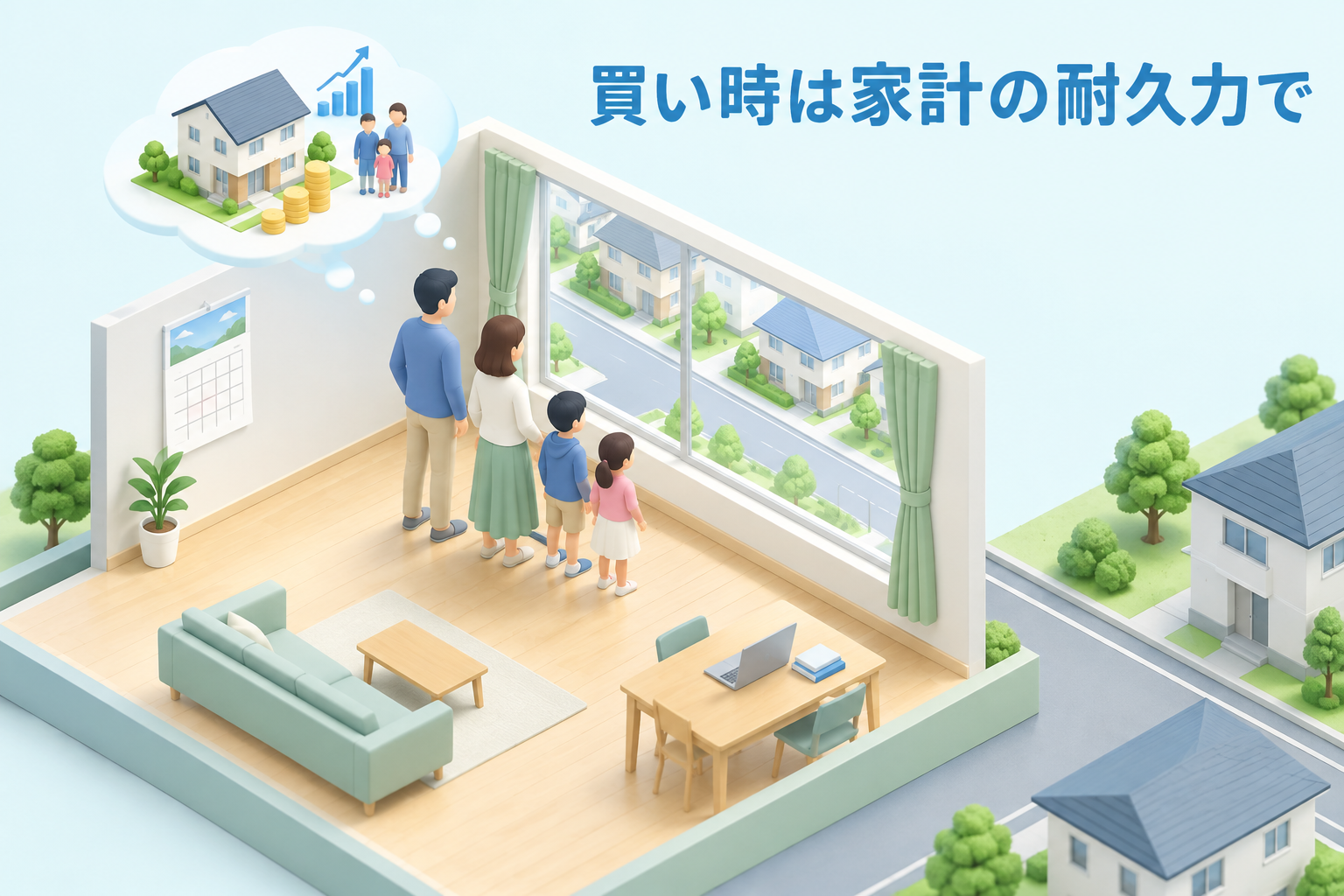新居のリビングで購入時期を考える家族のイメージ