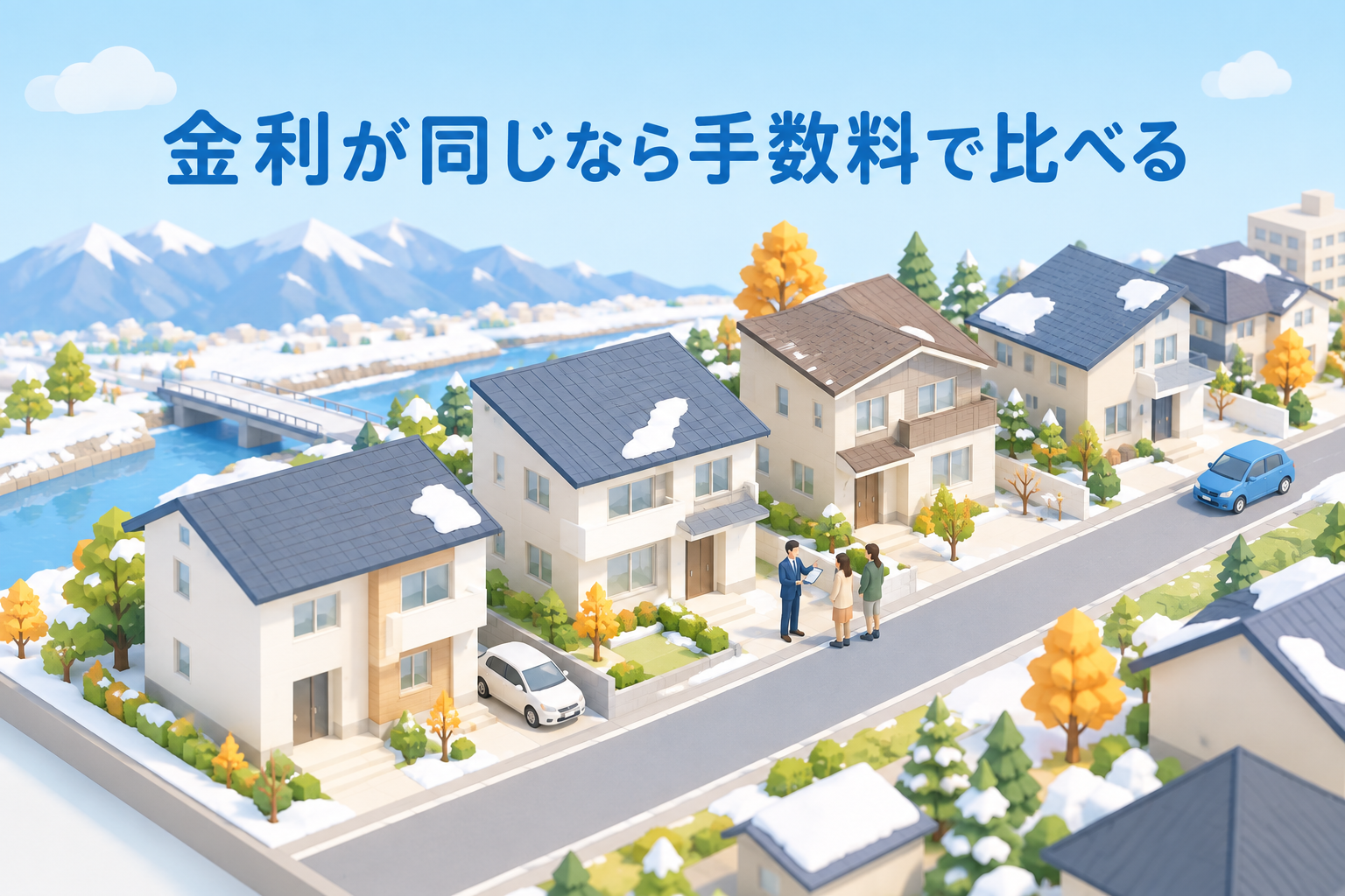 福井県の住宅街でフラット35の借入先を比べるイメージ
