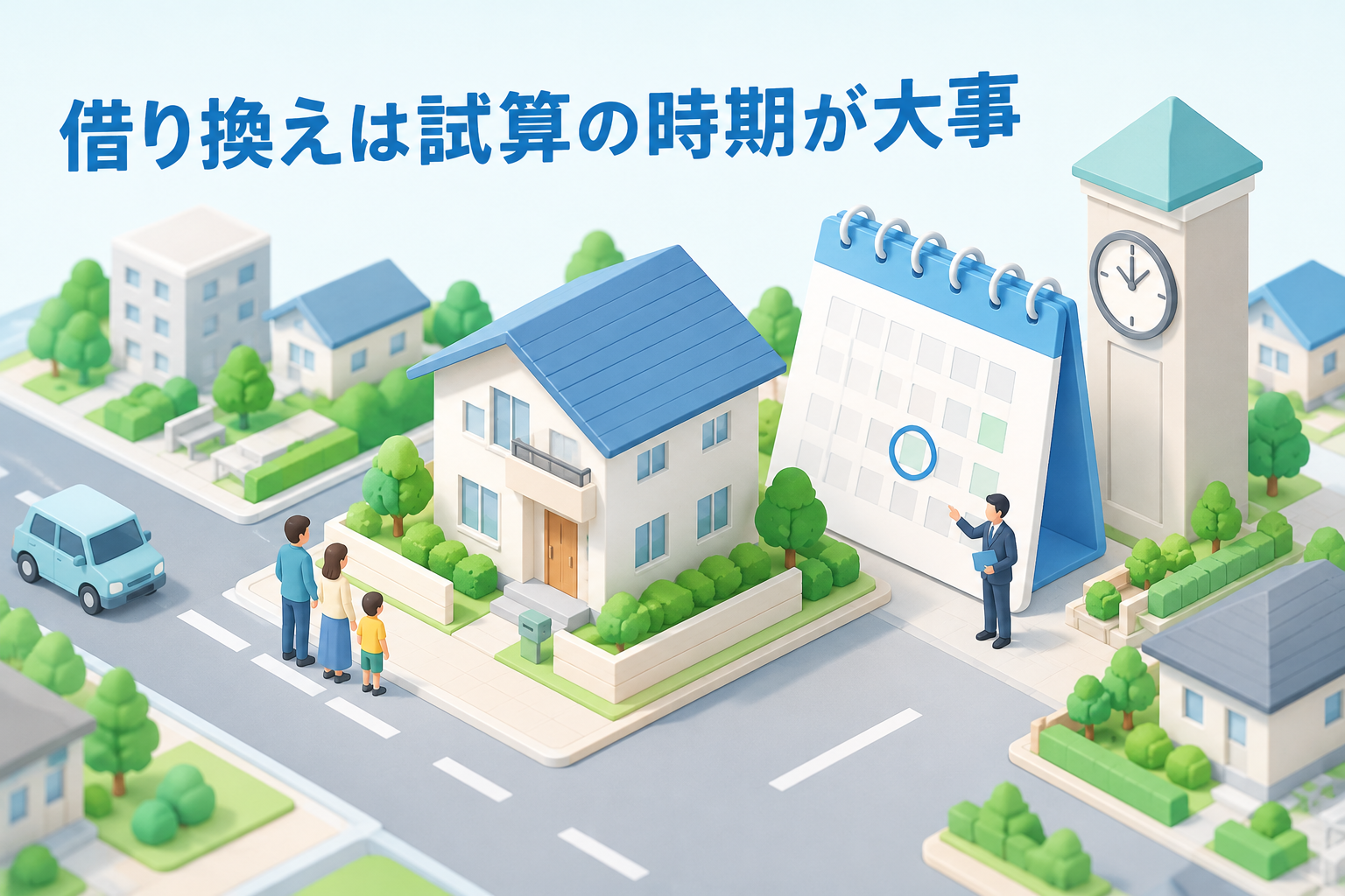 住宅ローンの借り換えのタイミングを考えるイメージのイラスト