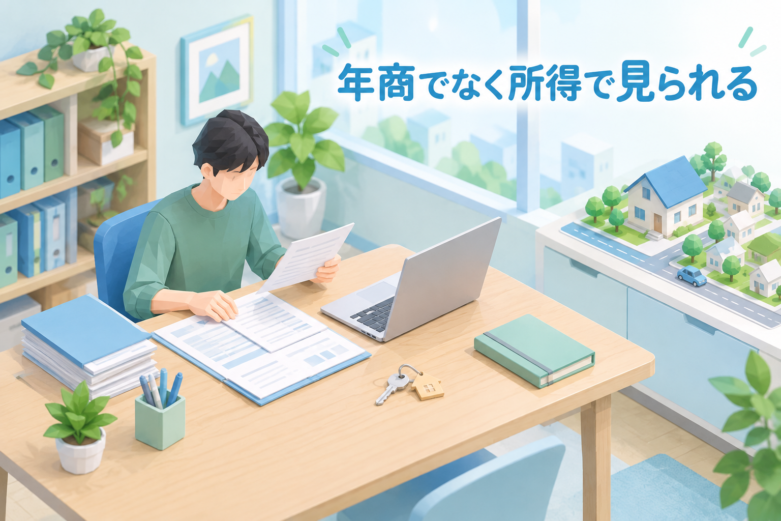 確定申告書類を整理しながら住宅ローンを検討する個人事業主のイメージ